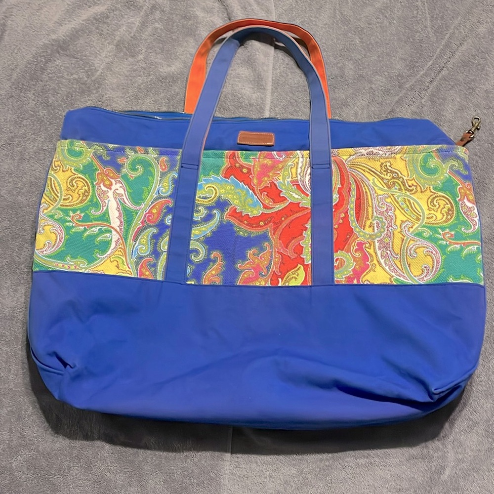 Ralph Lauren Paisley Canvas Tote Bag Extra Large: Orange, Blue w/small zip bag
